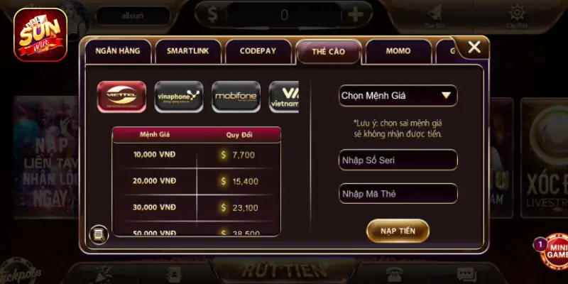 Giao diện nạp tiền bằng thẻ cào